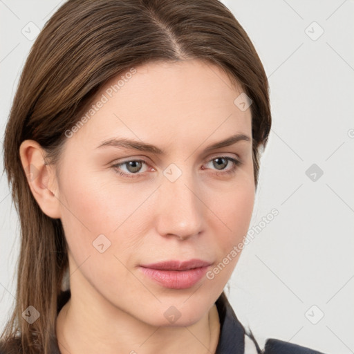 Neutral white young-adult female with long  brown hair and grey eyes