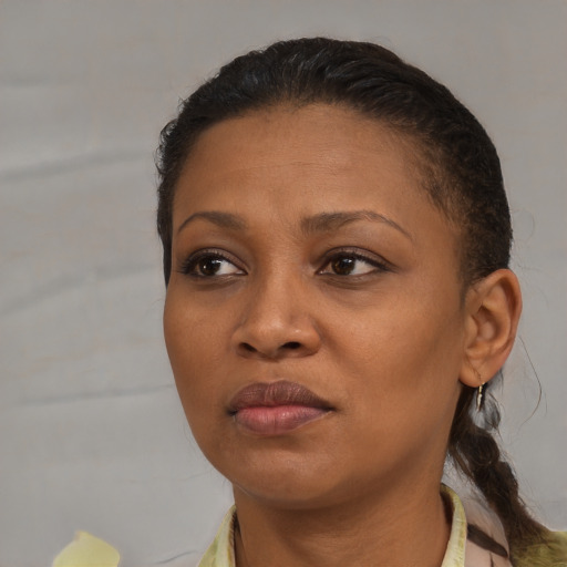 Neutral black young-adult female with medium  brown hair and brown eyes