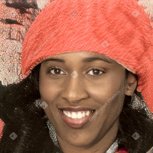 Joyful black young-adult female with long  brown hair and brown eyes