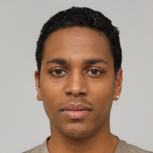 Neutral black young-adult male with short  black hair and brown eyes
