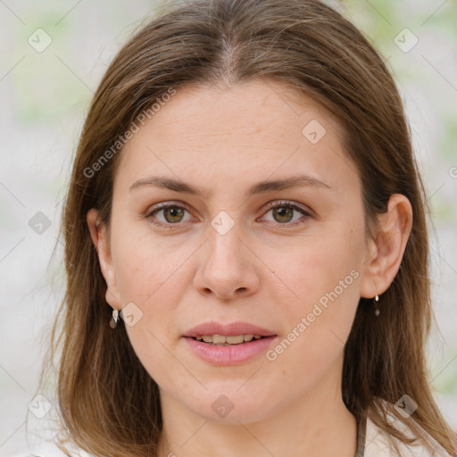 Joyful white young-adult female with medium  brown hair and brown eyes