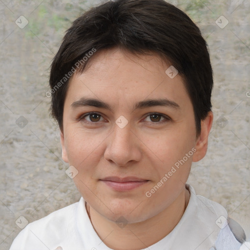 Joyful white young-adult female with short  brown hair and brown eyes