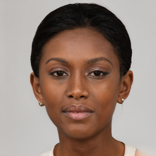 Neutral black young-adult female with short  black hair and brown eyes