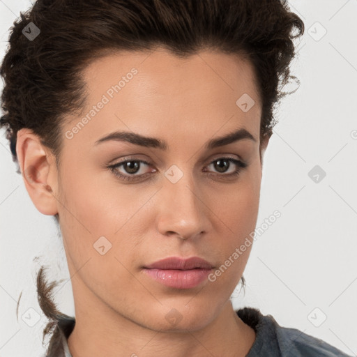 Neutral white young-adult female with short  brown hair and brown eyes