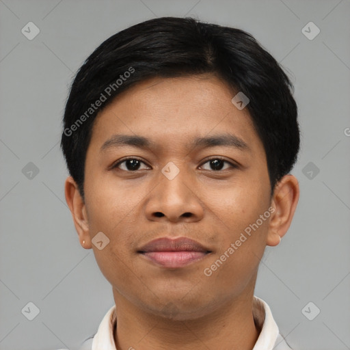 Joyful asian young-adult male with short  black hair and brown eyes