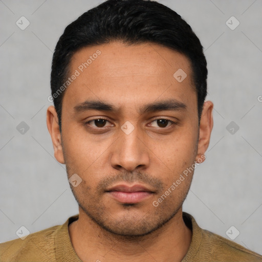 Neutral latino young-adult male with short  black hair and brown eyes