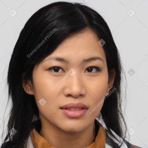 Joyful asian young-adult female with medium  black hair and brown eyes