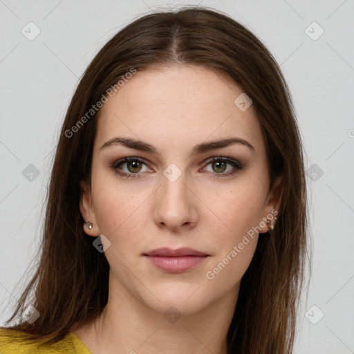 Neutral white young-adult female with long  brown hair and brown eyes