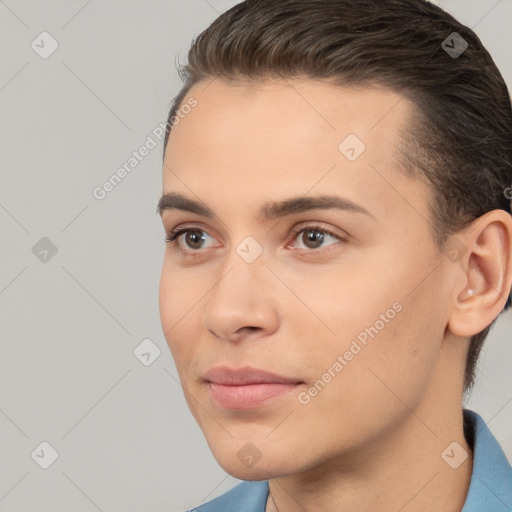 Neutral white young-adult male with short  brown hair and brown eyes