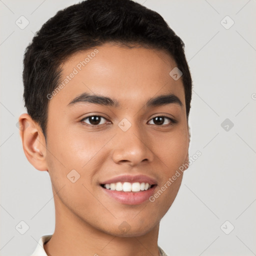 Joyful latino young-adult male with short  brown hair and brown eyes