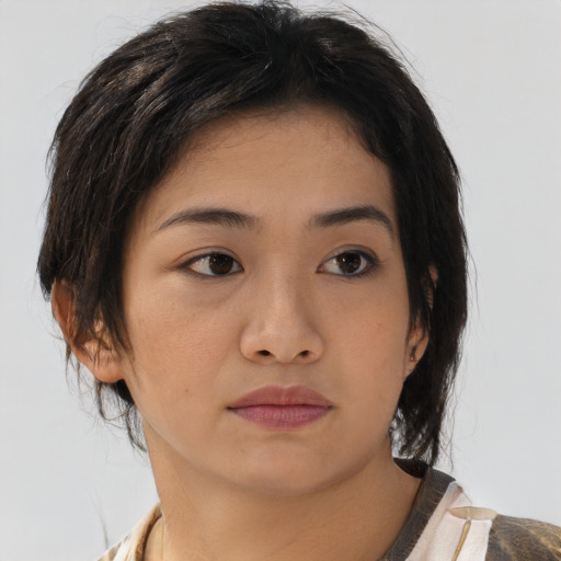 Neutral asian young-adult female with medium  brown hair and brown eyes