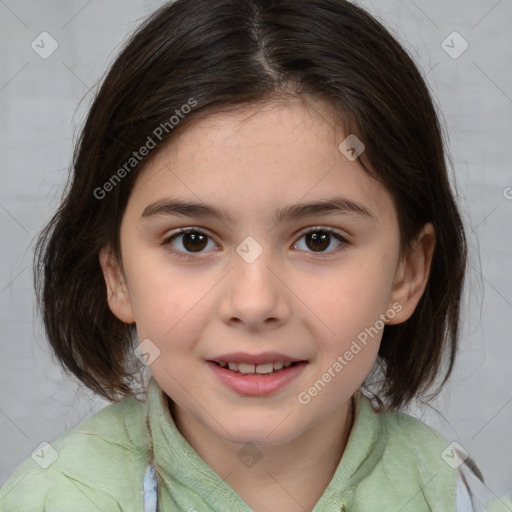 Joyful white child female with medium  brown hair and brown eyes