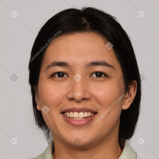 Joyful white young-adult female with medium  brown hair and brown eyes