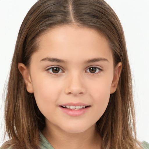 Joyful white child female with long  brown hair and brown eyes