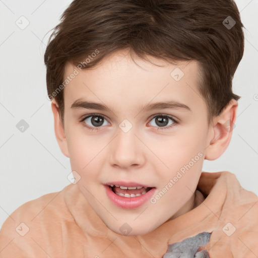 Joyful white child male with short  brown hair and brown eyes