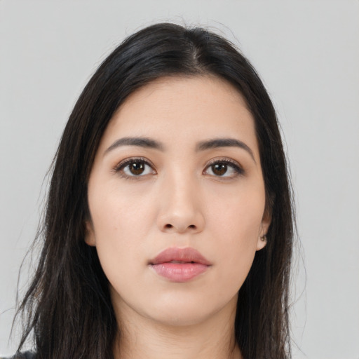 Neutral asian young-adult female with long  black hair and brown eyes