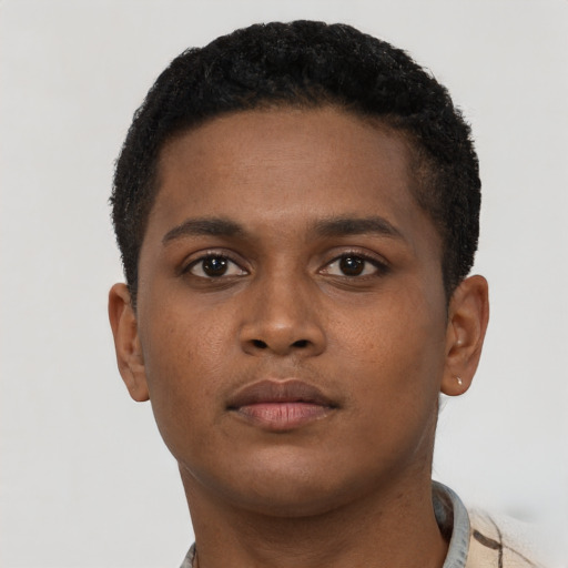 Neutral black young-adult male with short  brown hair and brown eyes