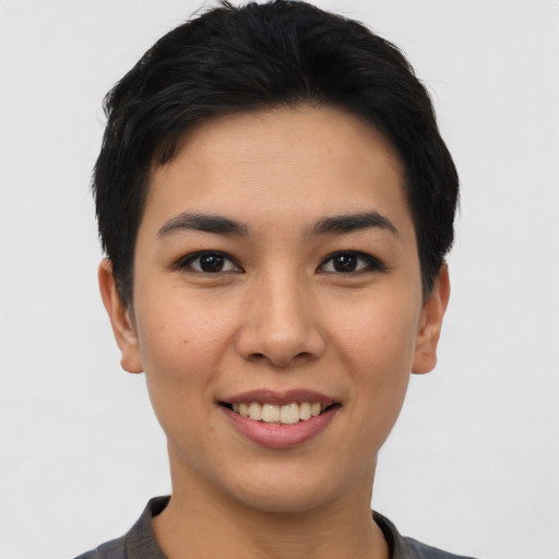 Joyful asian young-adult female with short  black hair and brown eyes