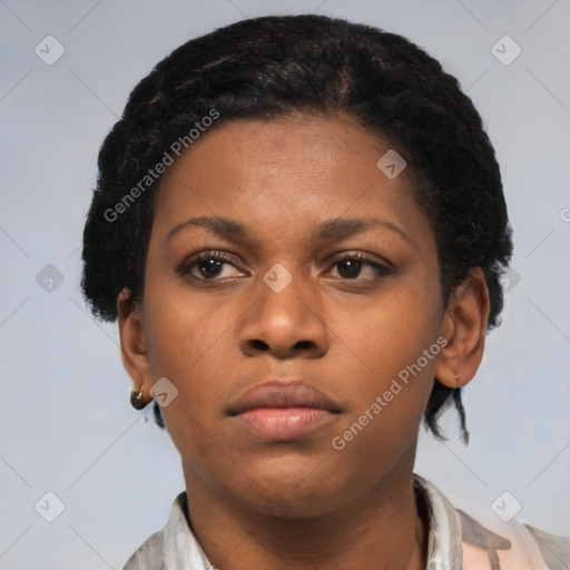 Neutral black young-adult female with short  brown hair and brown eyes