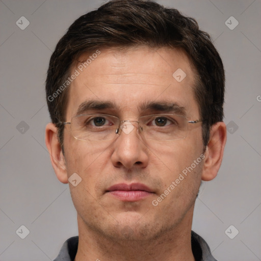 Neutral white adult male with short  brown hair and brown eyes