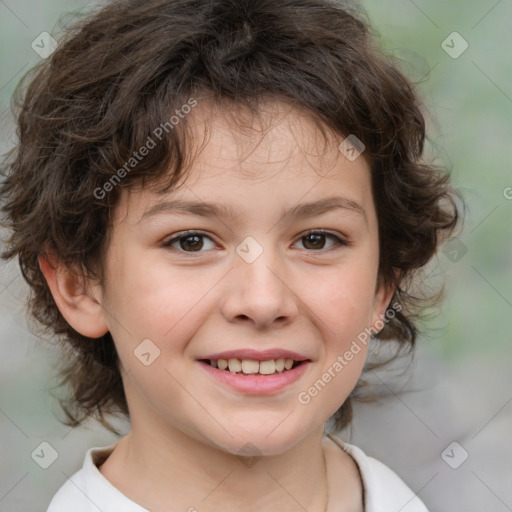 Joyful white child female with medium  brown hair and brown eyes