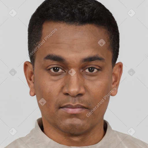Neutral black young-adult male with short  black hair and brown eyes