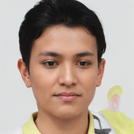 Neutral asian young-adult female with short  brown hair and brown eyes