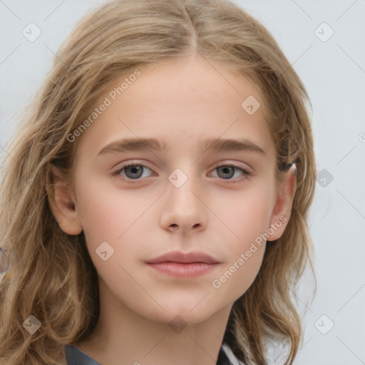 Neutral white child female with medium  brown hair and grey eyes