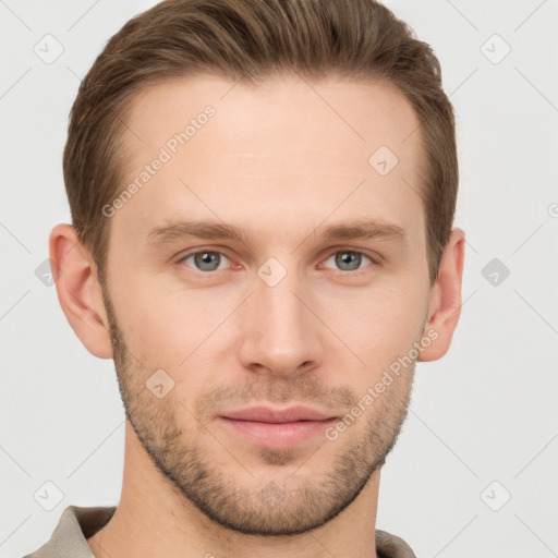 Neutral white young-adult male with short  brown hair and grey eyes