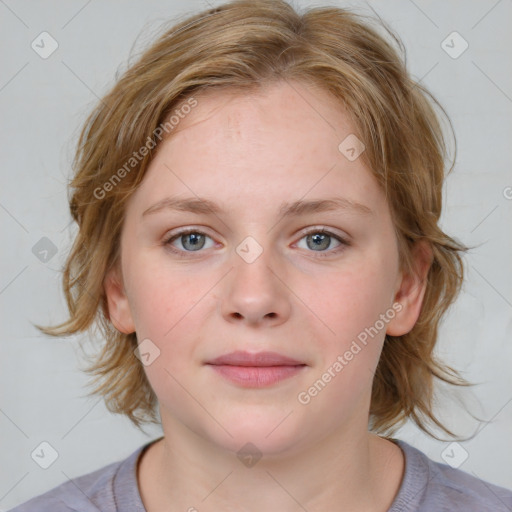 Joyful white young-adult female with medium  brown hair and blue eyes