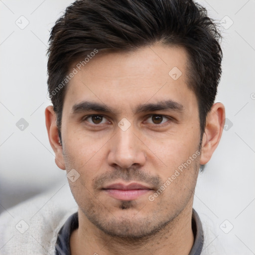 Neutral white young-adult male with short  brown hair and brown eyes