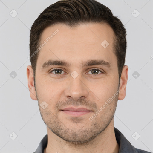 Joyful white young-adult male with short  brown hair and brown eyes