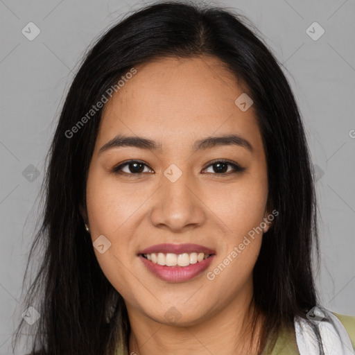 Joyful asian young-adult female with long  brown hair and brown eyes