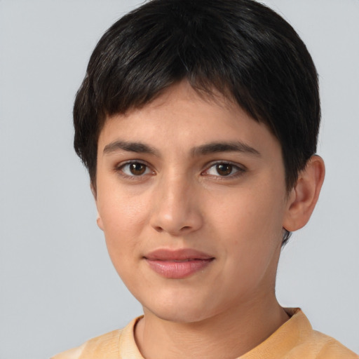 Neutral white young-adult female with short  brown hair and brown eyes