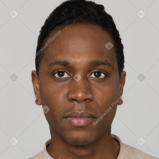 Neutral black young-adult male with short  black hair and brown eyes