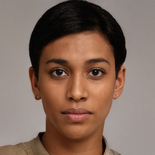 Neutral latino young-adult female with short  black hair and brown eyes