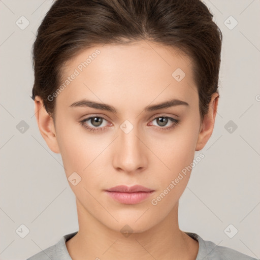 Neutral white young-adult female with short  brown hair and brown eyes