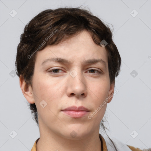 Neutral white young-adult female with short  brown hair and brown eyes