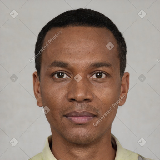 Neutral latino young-adult male with short  black hair and brown eyes