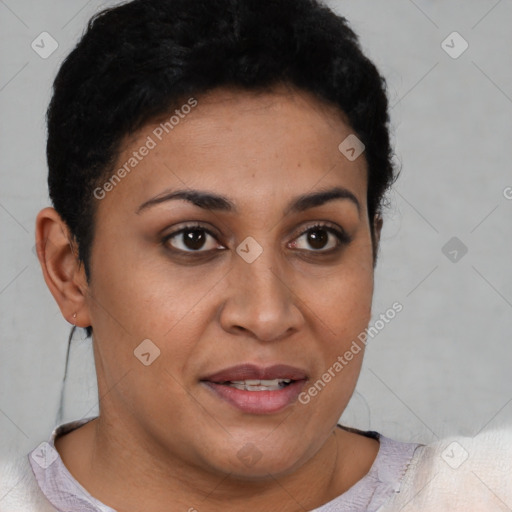 Joyful latino young-adult female with short  brown hair and brown eyes