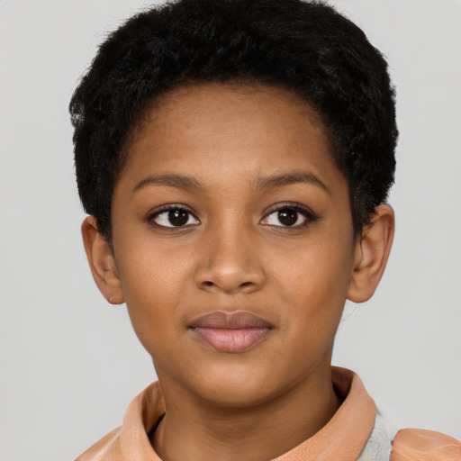 Neutral black young-adult female with short  brown hair and brown eyes
