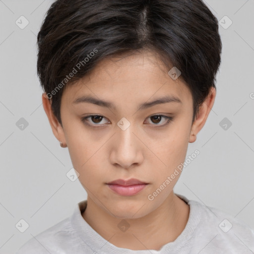Neutral white young-adult female with short  brown hair and brown eyes