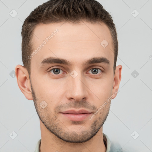 Neutral white young-adult male with short  brown hair and brown eyes