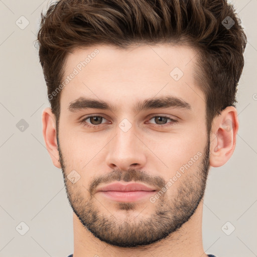 Neutral white young-adult male with short  brown hair and brown eyes