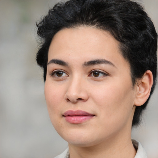 Joyful white young-adult female with medium  black hair and brown eyes