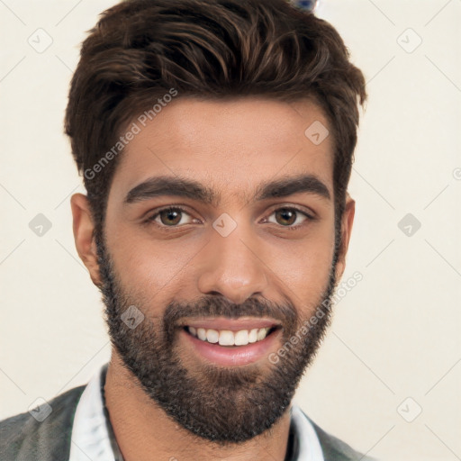 Joyful white young-adult male with short  black hair and brown eyes