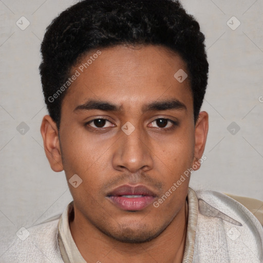 Neutral latino young-adult male with short  black hair and brown eyes