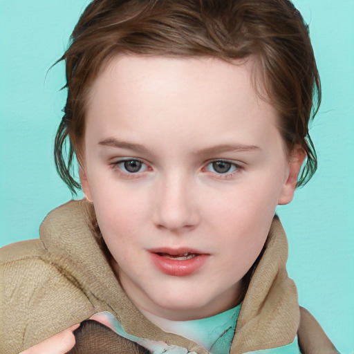 Neutral white child female with medium  brown hair and blue eyes