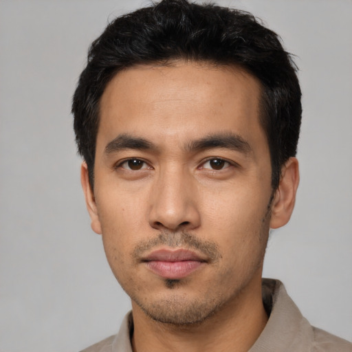 Neutral asian young-adult male with short  black hair and brown eyes