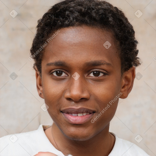 Joyful black young-adult male with short  brown hair and brown eyes